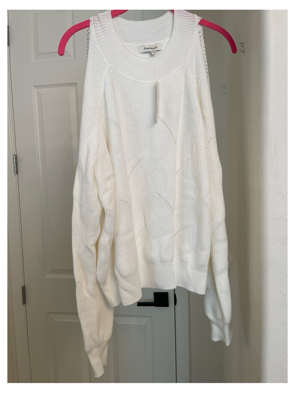 Francesca's Collections Cream Cable Knit Cold-Shoulder Sweater